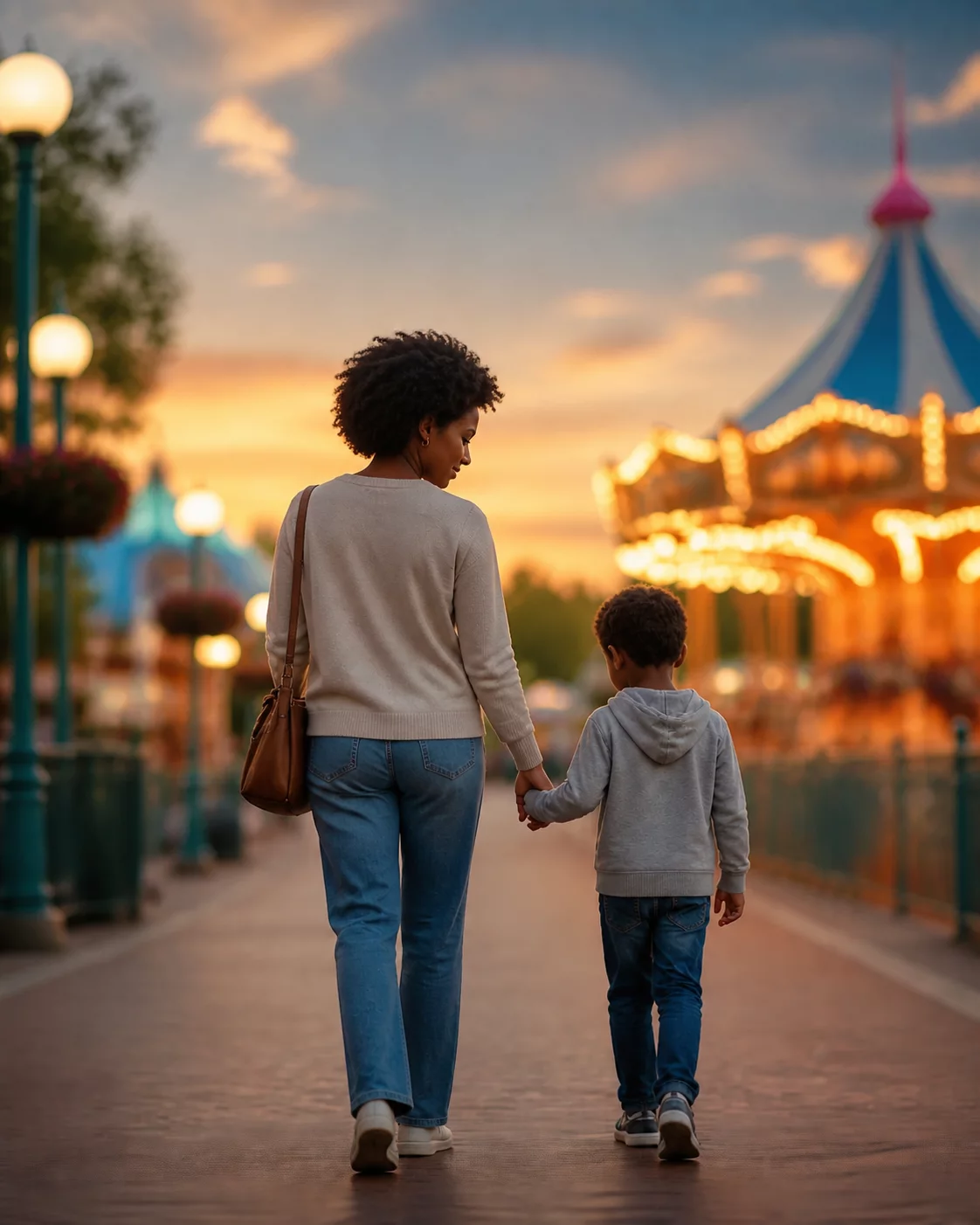 A parent and child walking together through an amusement park at sunset